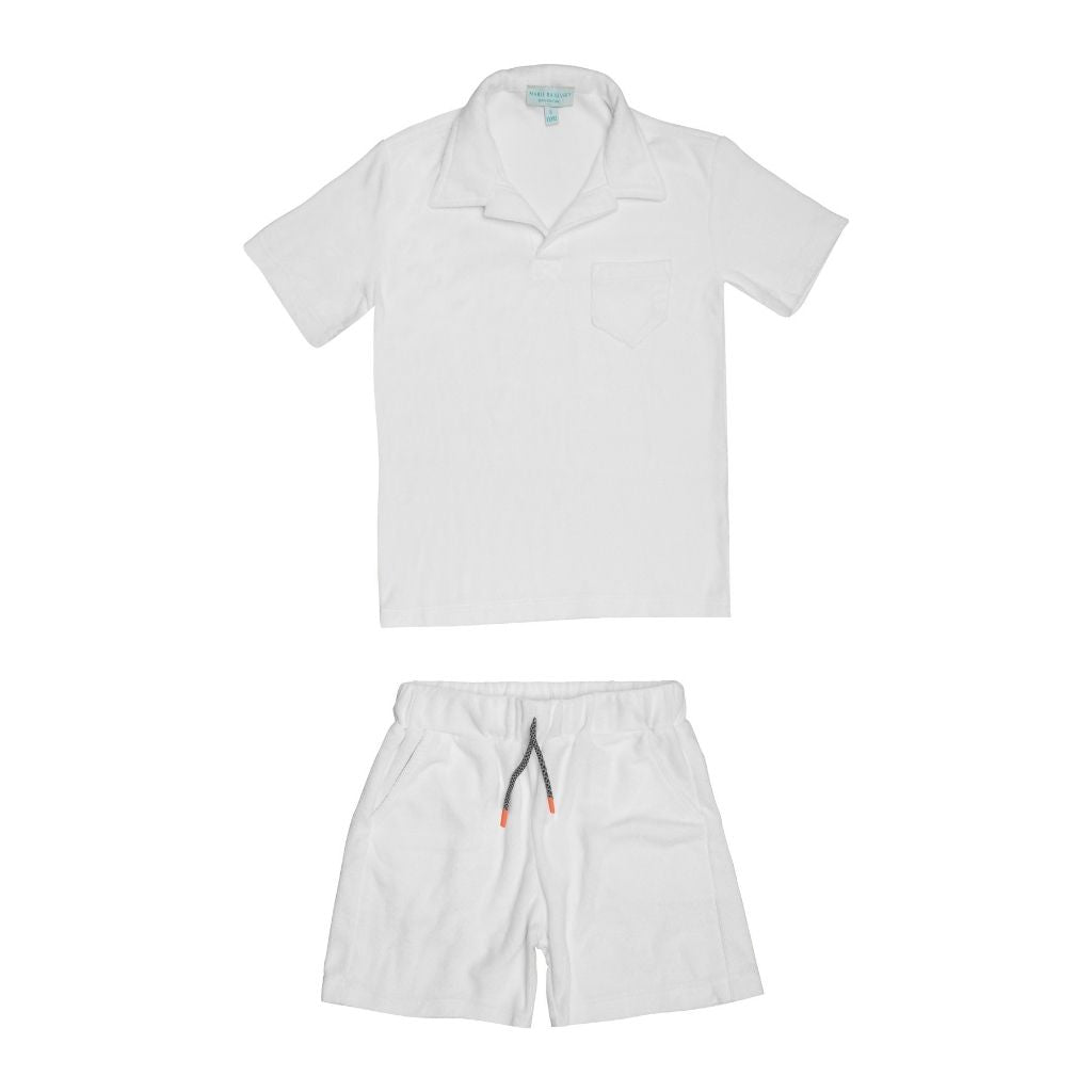 Front product shot of the Marie Raxevsky White Terry Shorts and Polo Shirt set